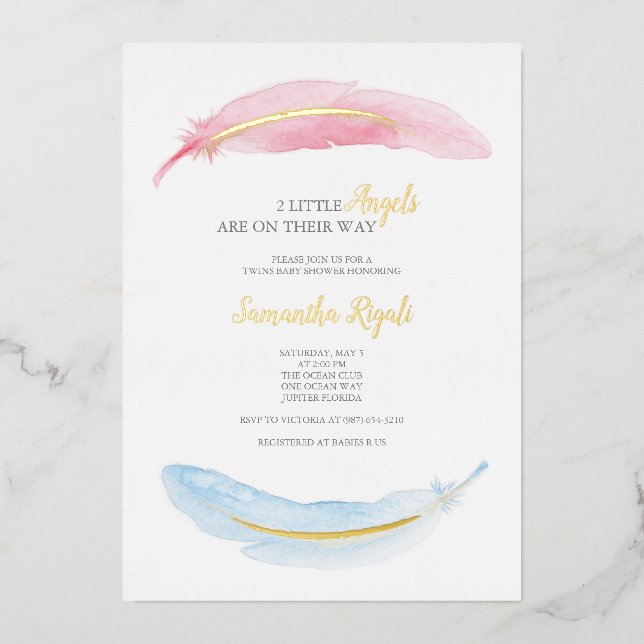 Pink and Blue Watercolor Baby Shower Foil Invitation (Front)