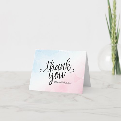 Pink and Blue Watercolor Baby Thank You Note