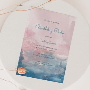 Pink and Blue Watercolor birthday party Invitation