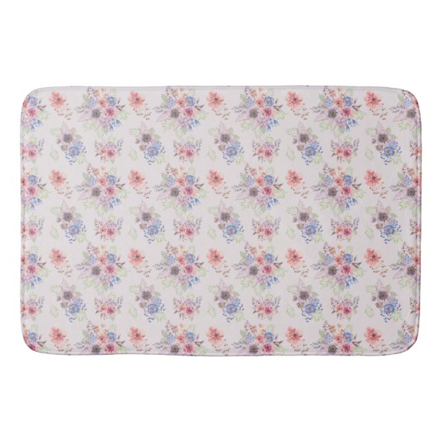 Pink and Blue Watercolor Floral Bouquets Bath Mat (Front)