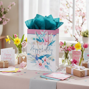 Pink and blue watercolor floral custom medium gift bag