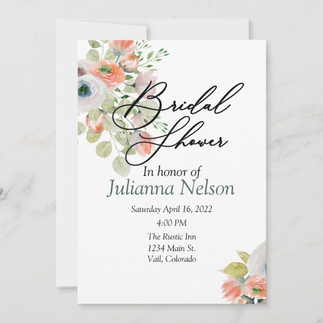 Pink and blue watercolor floral  invitation (Front)