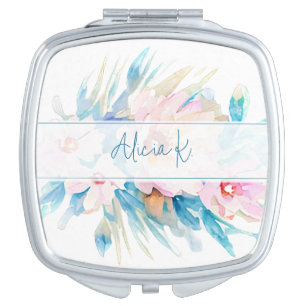 Pink and blue watercolor floral personalized compact mirror