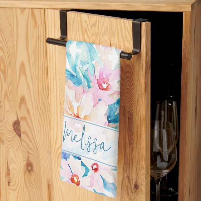 Pink and blue watercolor floral personalized kitchen towel (Thirds Fold)