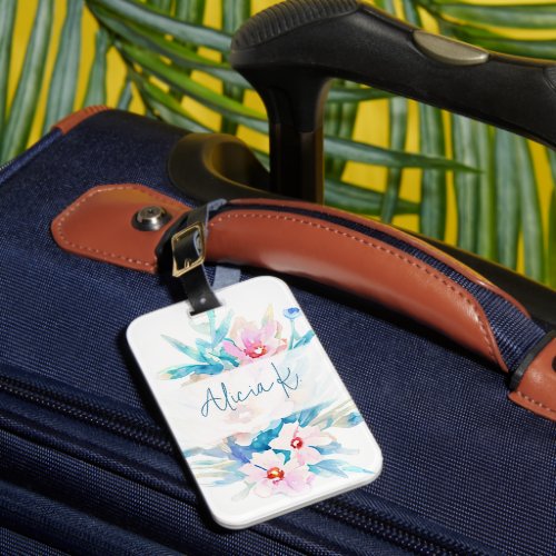 Pink and blue watercolor floral personalized luggage tag