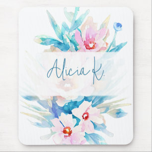 Pink and blue watercolor floral personalized mouse pad