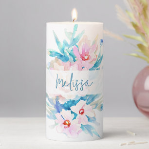 Pink and blue watercolor floral personalized pillar candle