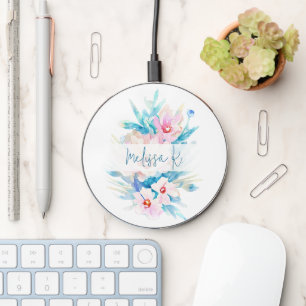 Pink and blue watercolor floral personalized wireless charger