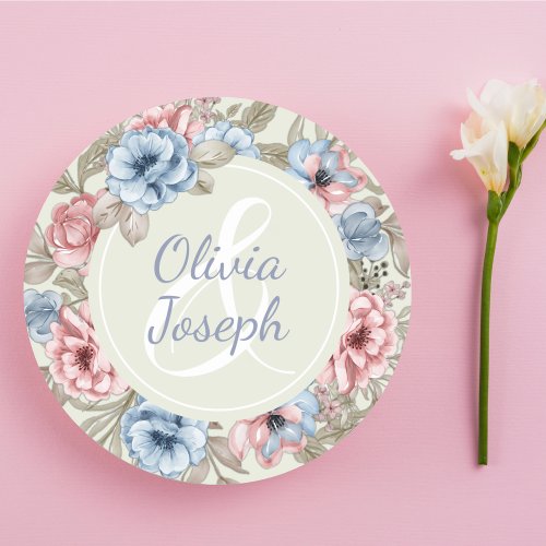 Pink and Blue Watercolor Floral Wedding Classic Round Sticker