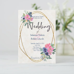 Pink and blue watercolor floral wedding invitation