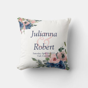 Pink and blue watercolor floral wedding throw pil pillow
