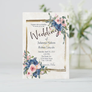 Pink and blue watercolor floral with gold frame in invitation