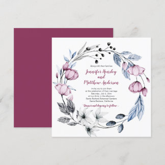 Pink and Blue Watercolor Floral Wreath Wedding | Invitation