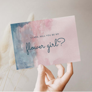 Pink and Blue watercolor flower girl card