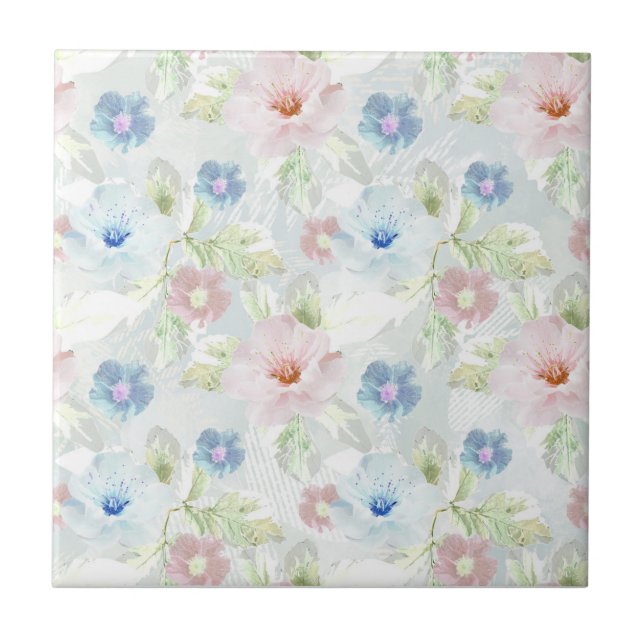 Pink and blue watercolor flowers.  ceramic tile (Front)