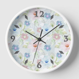 Pink and blue watercolor flowers. clock