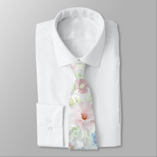 Pink and blue watercolor flowers neck tie