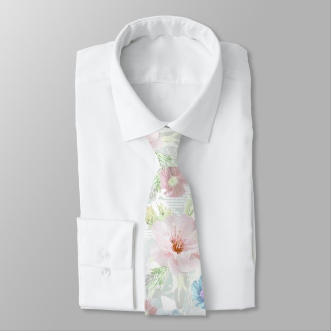 Pink and blue watercolor flowers. neck tie (Tied)