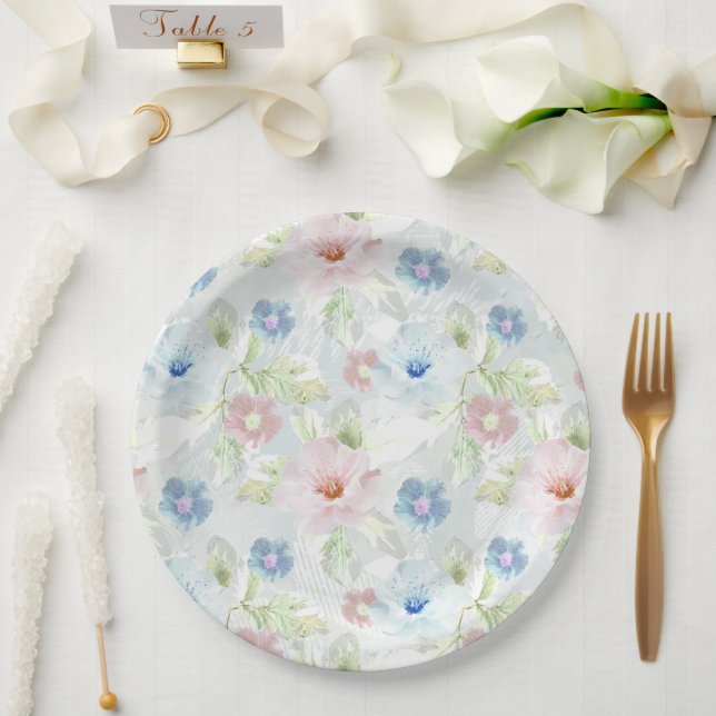 Pink and blue watercolor flowers. paper plates (Wedding)