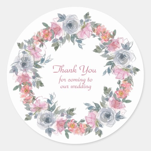 Pink and Blue Watercolor Flowers Thank You Classic Classic Round Sticker