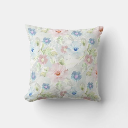 Pink and blue watercolor flowers throw pillow