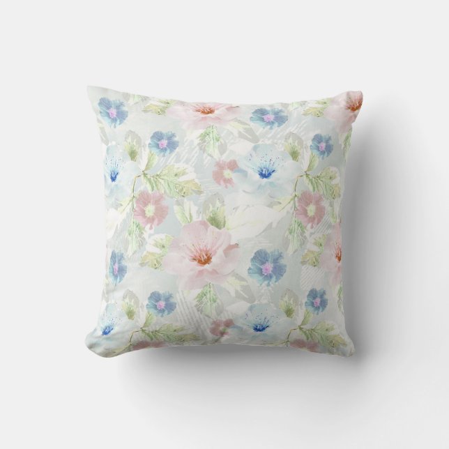 Pink and blue watercolor flowers. throw pillow (Front)