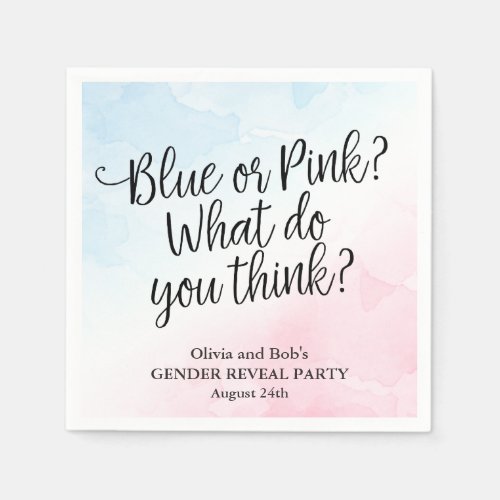 Pink and Blue Watercolor Gender Reveal Baby Shower Napkins