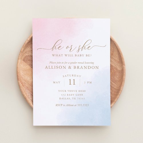 Pink and Blue Watercolor Gender Reveal Invitation