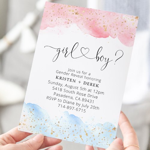 Pink and Blue Watercolor Gender Reveal  Invitation