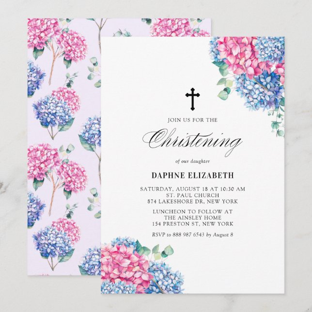 Pink and Blue Watercolor Hydrangeas Christening Invitation (Front/Back)