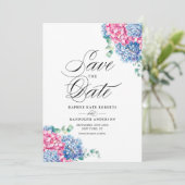 Pink and Blue Watercolor Hydrangeas Floral Save The Date (Standing Front)