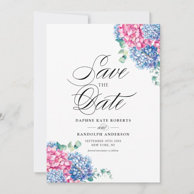 Pink and Blue Watercolor Hydrangeas Floral Save The Date (Front)