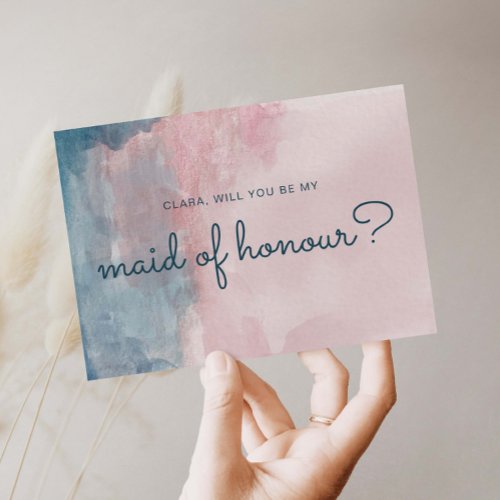 Pink and Blue watercolor maid of honour card