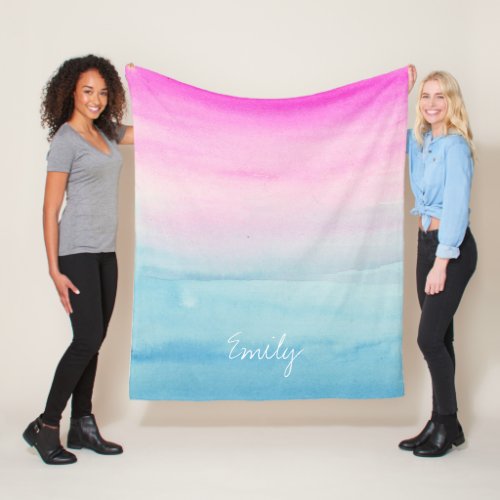 Pink and Blue Watercolor Ombre  Add Your Name Fleece Blanket