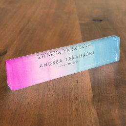 Pink and Blue Watercolor Ombre Personalized Desk Name Plate