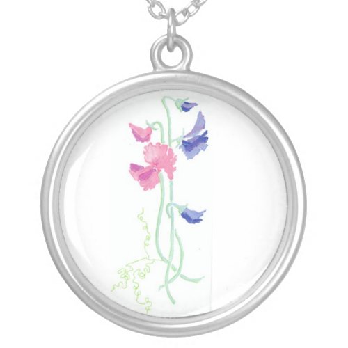 Pink and Blue Watercolor Sweet Peas on White Silver Plated Necklace