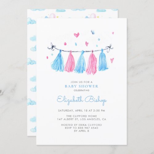 Pink and Blue Watercolor Tassels Baby Shower Invitation