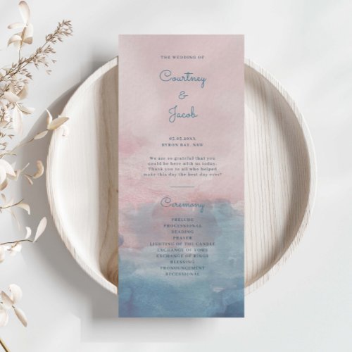 Pink and Blue Watercolor Wedding Ceremony Program