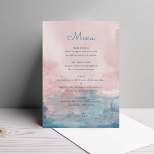 Pink and Blue Watercolor Wedding menu card