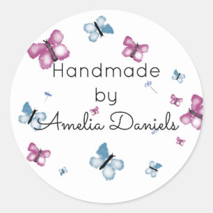 Pink and Blue Watercolour Butterfly Handmade by Classic Round Sticker