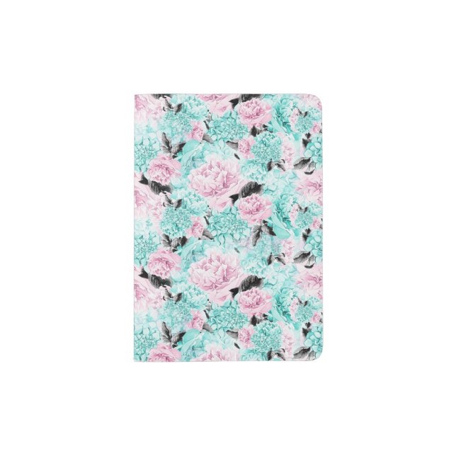 Pink and Blue Watercolour Flowers Passport Holder (Front)