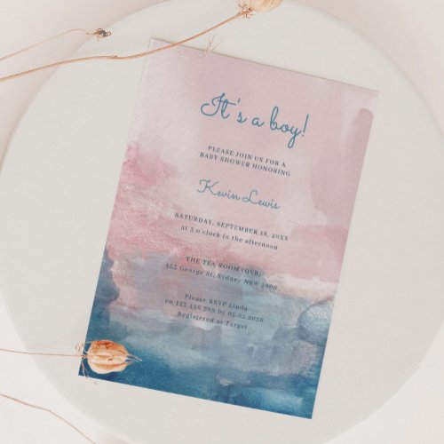 Pink and Blue Watercolour its a boy baby shower Invitation