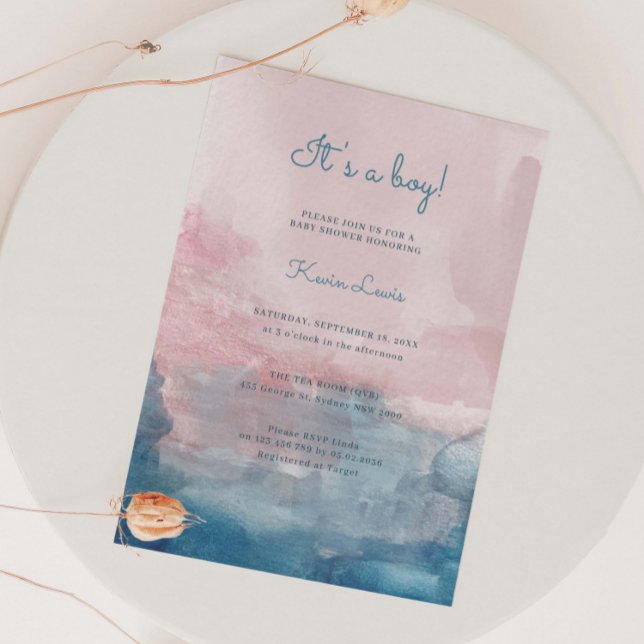 Pink and Blue Watercolour it's a boy baby shower Invitation (Creator Uploaded)