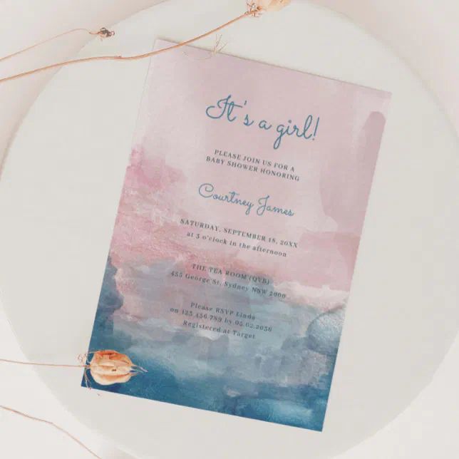 Pink and Blue Watercolour it's a girl baby shower Invitation | Zazzle