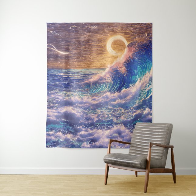 Pink and Blue Waves Golden Horizon Tapestry (In Situ)