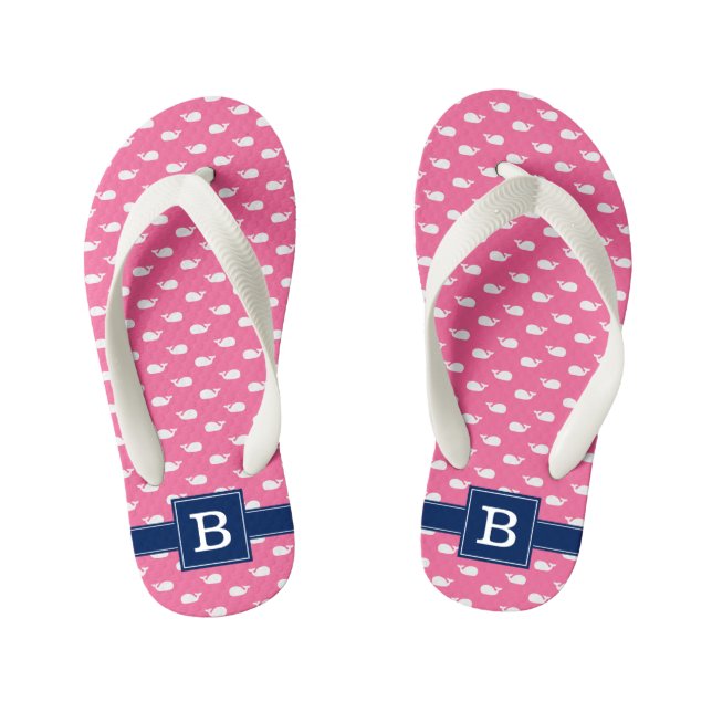 Pink and Blue Whales Square Monogram Kid's Flip Flops (Footbed)