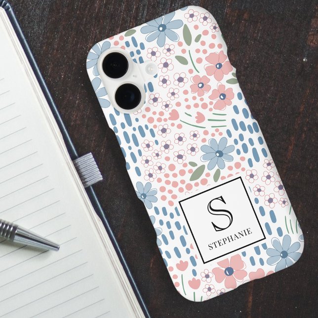 Pink and Blue Whimsical Flowers Pattern Monogram iPhone Case (Creator Uploaded)