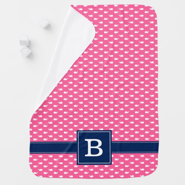Pink and Blue Whimsical Whales Pattern Monogram Baby Blanket (In Situ)
