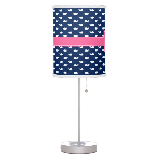 Pink and Blue Whimsical Whales Pattern Monogram Table Lamp (Left)