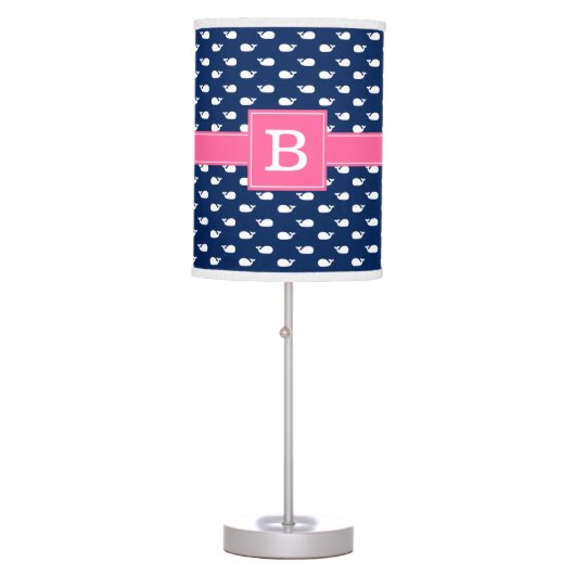 Pink and Blue Whimsical Whales Pattern Monogram Table Lamp (Front)